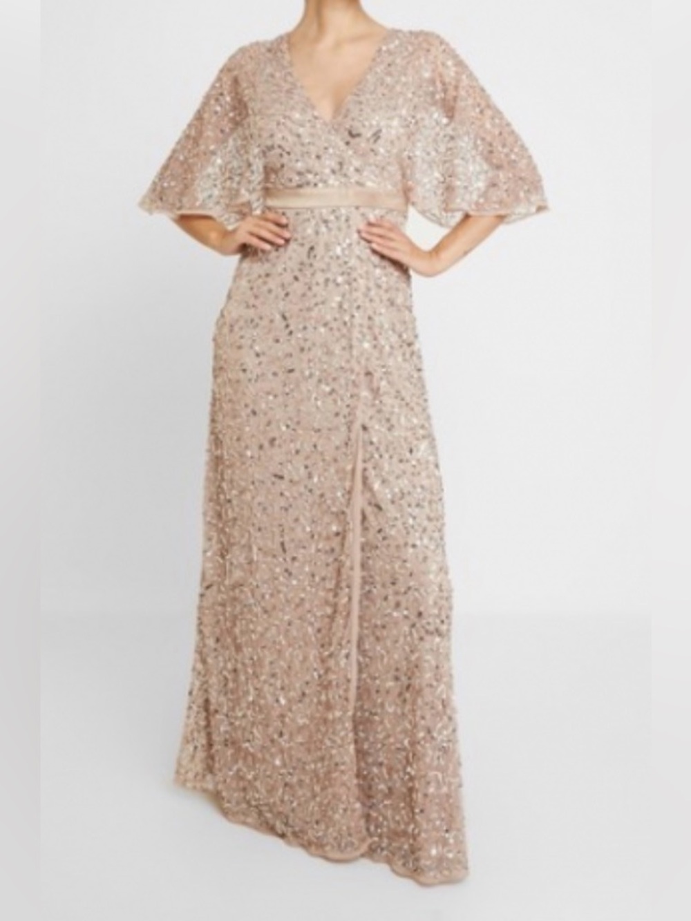 NWT Stunning Maya Deluxe Blush Flutter Sleeve V-Neck Faux Wrap Queen Boss Dress